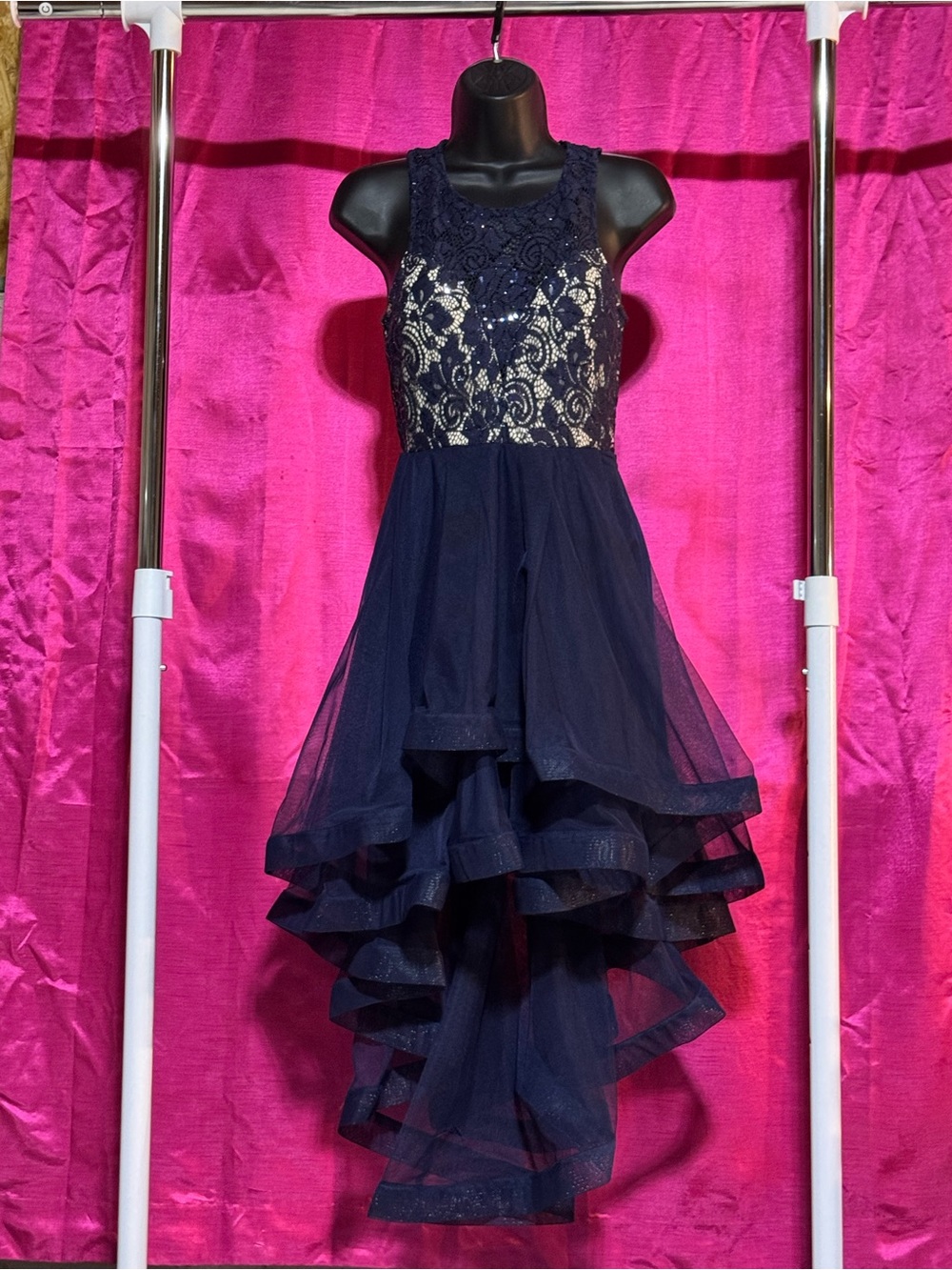 Speechless Navy Blue High-Low Lace & Layered Tulle Dress